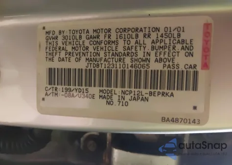 2001 Toyota Echo z USA, uszkodzony, nr VIN JTDBT123110146065